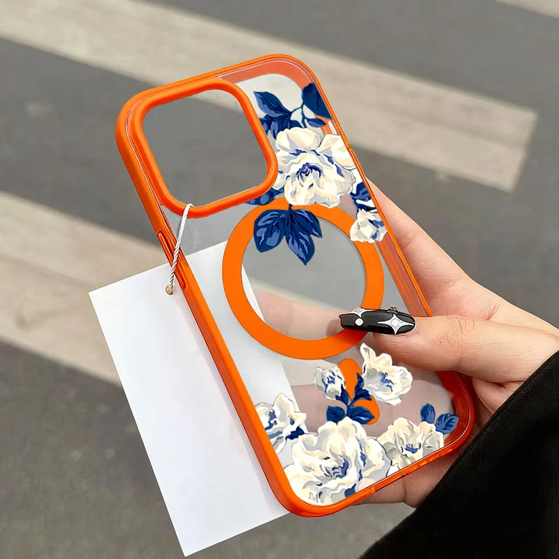 Funda magnética transparente con patrón de rosa blanca de noche para iPhone 17 16 15 14 13 12 Pro Max 15 16 Plus 17 Air 11 6