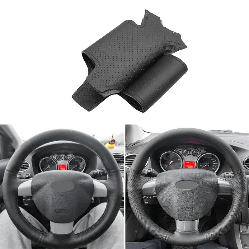 Perforated Leather Black-Line Hand Sewing Steering Wheel Cover For Ford Focus 2 2005 2006 2007 2008 2009 2010 2011 (3-Spoke)