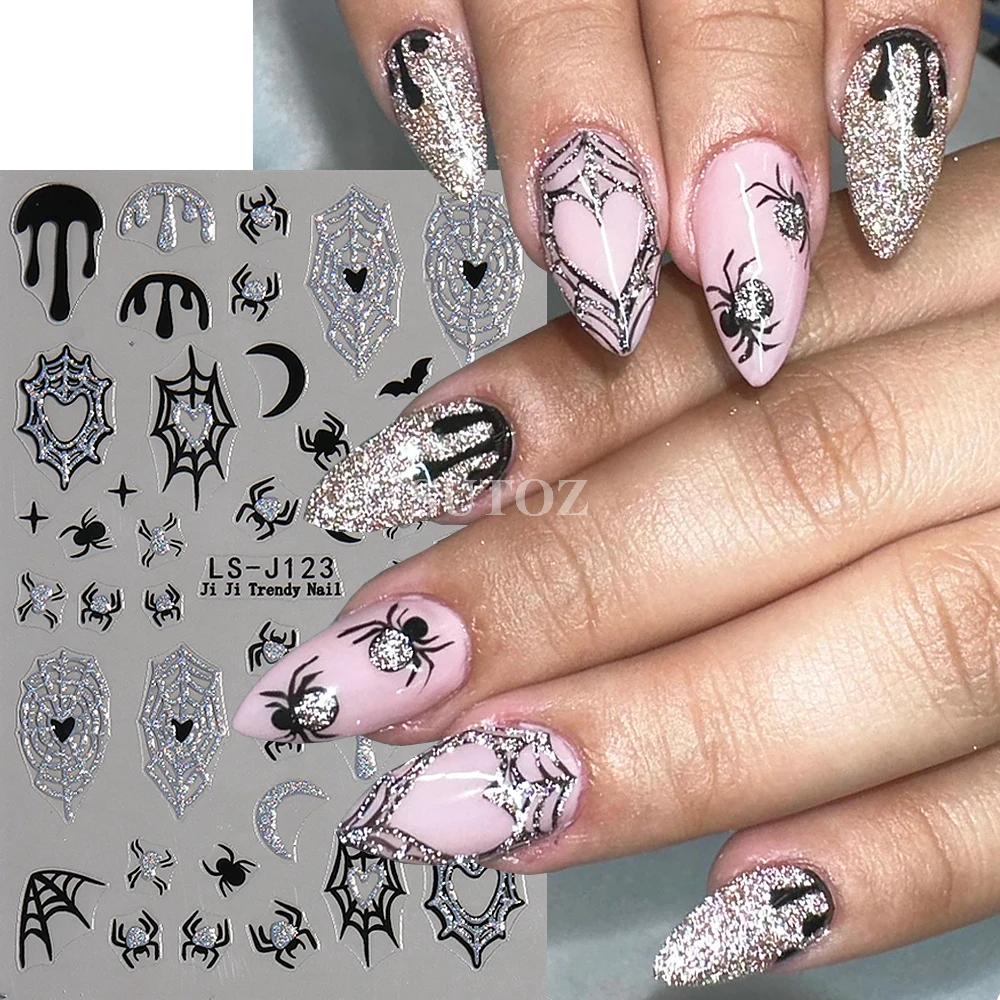 3D Hologram Bat Nail Stickers Glitter Silver Halloween Spider Skull Pumpkin Decals Luminous Ghost Art Manicure Tattoos GLLS-J124