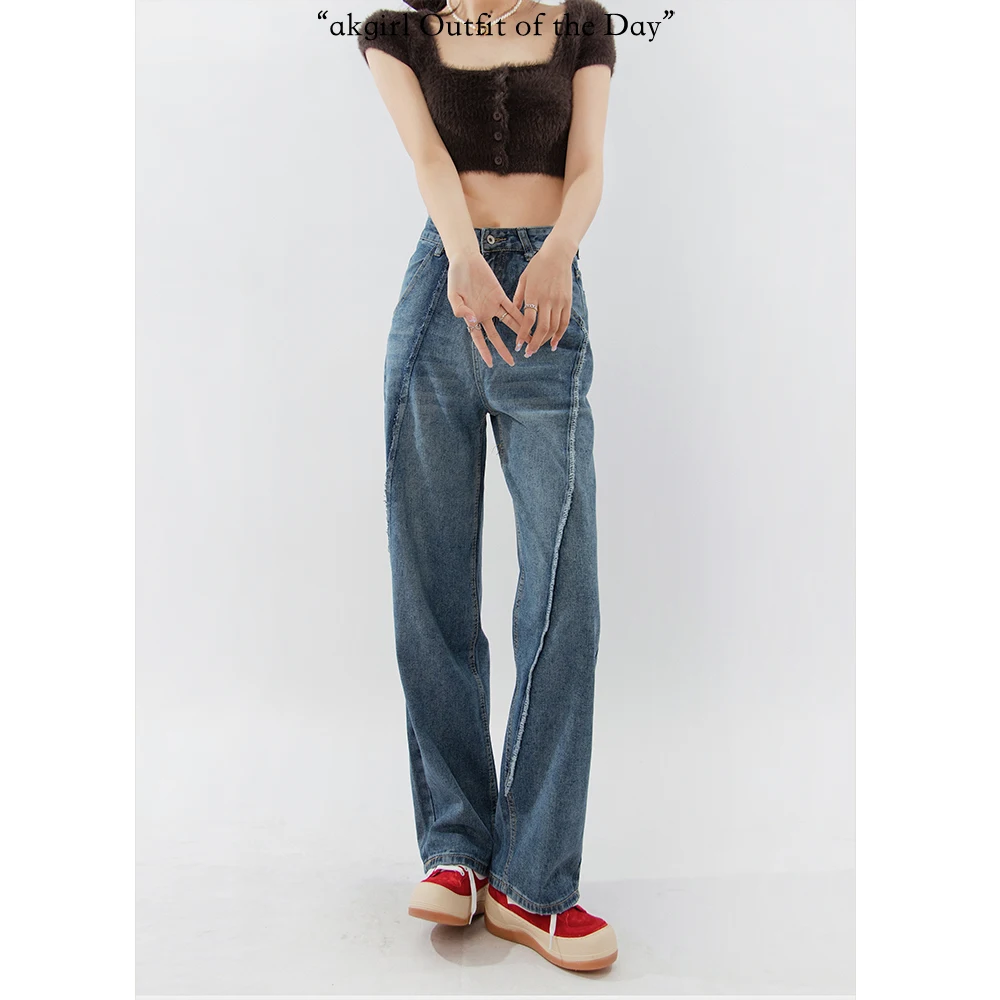 

High Waist Slimming Wide Leg Pants Blue Straight Loose Floor-Length Dad Jeans High Waist Straight Cut Loose Fit Blue Jeans