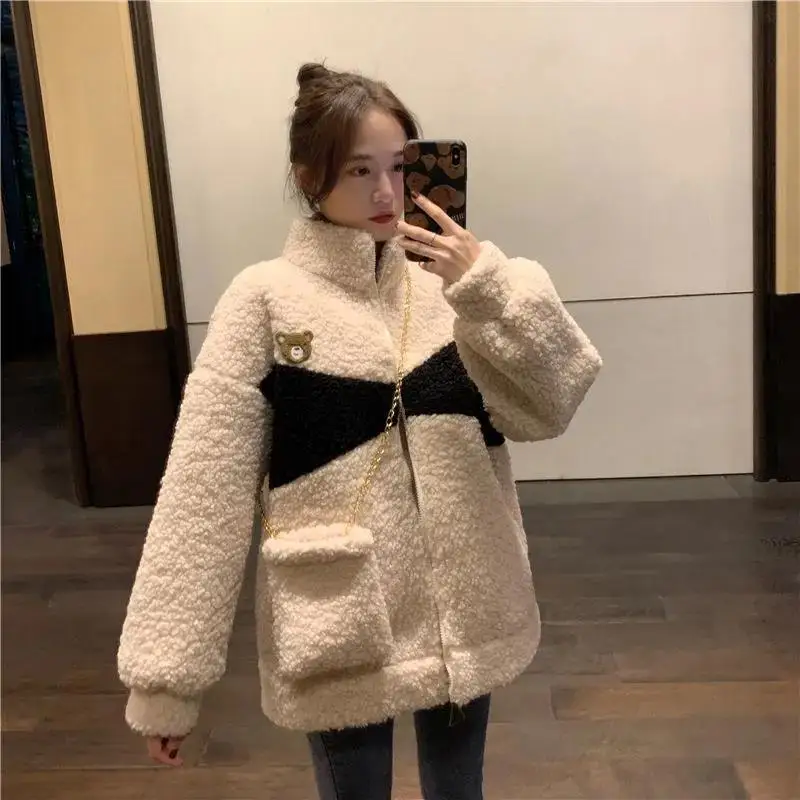 Women Spring Autumn Teddy Bear Embroidery Sweatshirts New Loose Causal Fluffy Coats Fashion Sweet Cartoon Stand Collar Cardigans