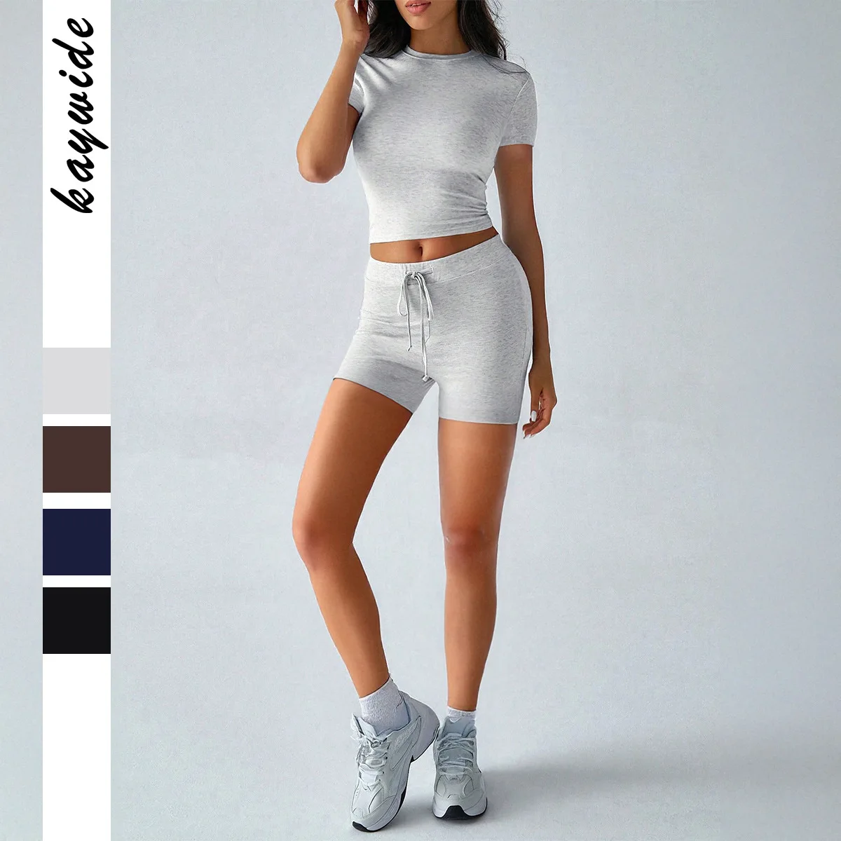 

Женский модный зимний комплект для йоги с поясом, укороченными рукавами и шортами с высокой талией, в студенческом стиле, для работы