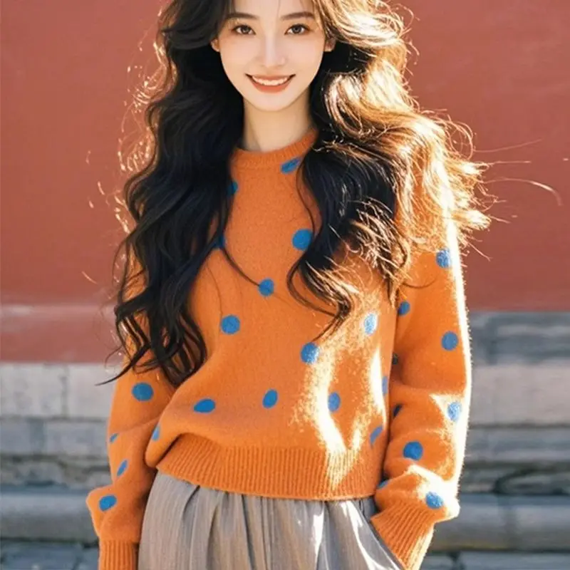 

Autumn/Winter Korean Chic Orange Lazy Polka Dot Sweater Knitted Sweater Women's Retro Loose Top