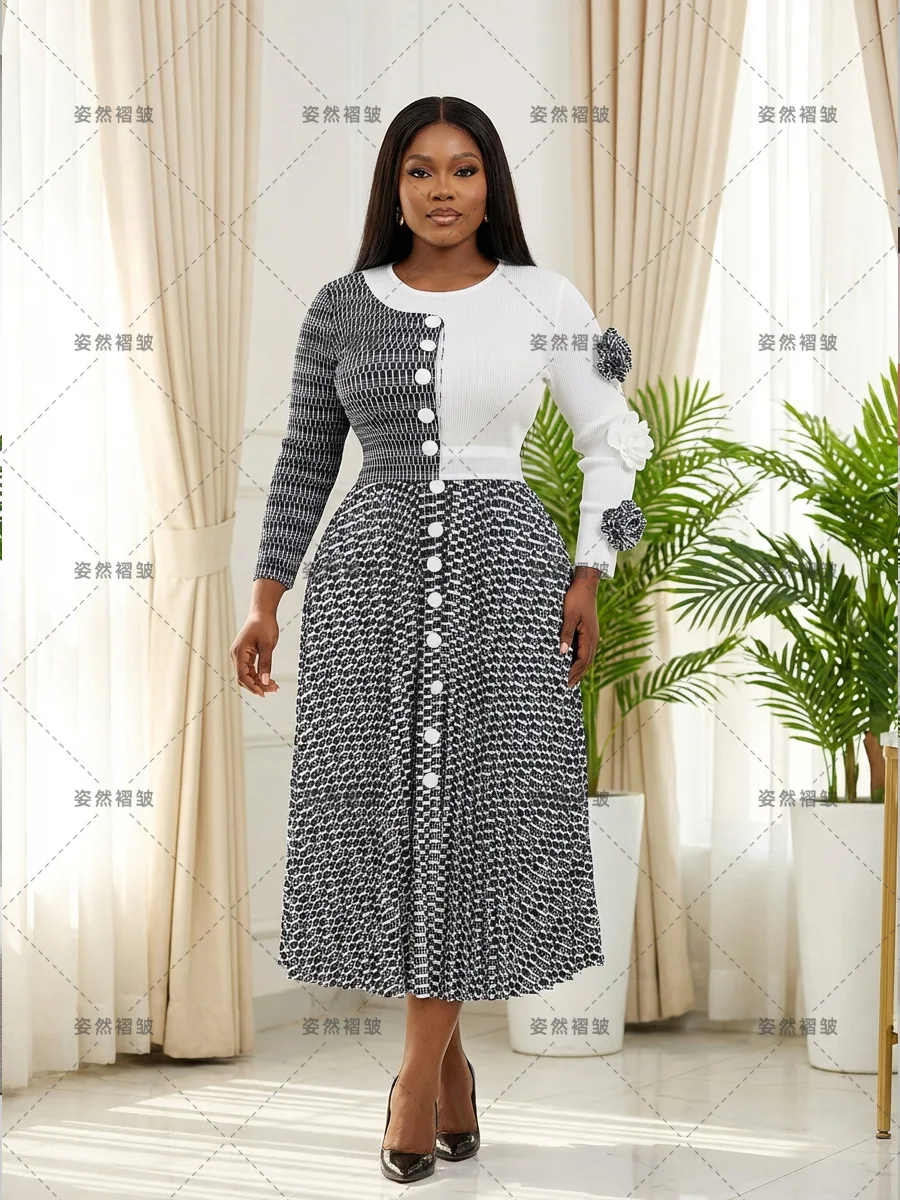 

Miyake Pleated Dress Plaid Printing Loose Women's Clothing Temperament Slim-fitting Long-sleeved Skirt 2025 New