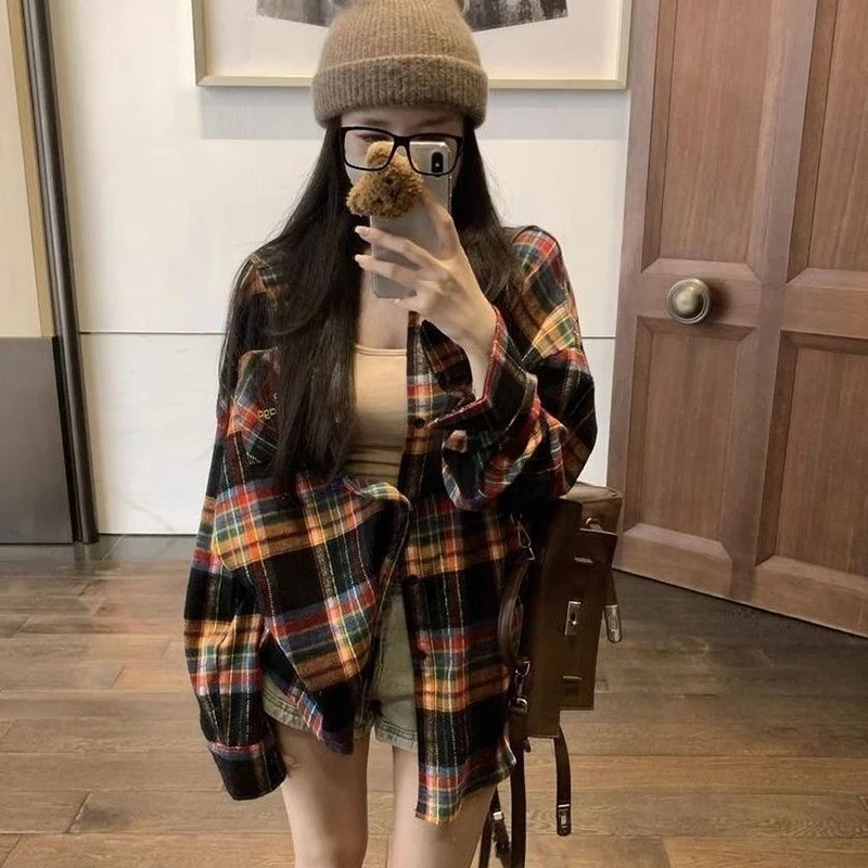 

Американский стиль, ретро, клетчатый дизайн с длинными рукавами, корейская версия, осенние популярные рубашки для женщин