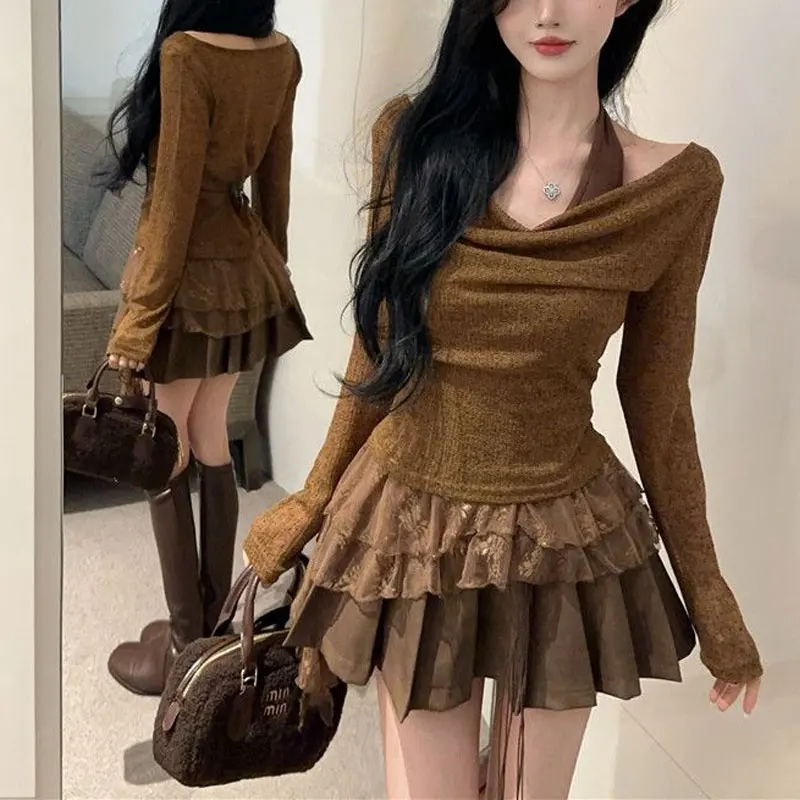 

Autumn French Style Halter Pullovers Two Piece Set Female Clothing Solid Color Stylish Swinging Collar Lace Patchwork T-shirts