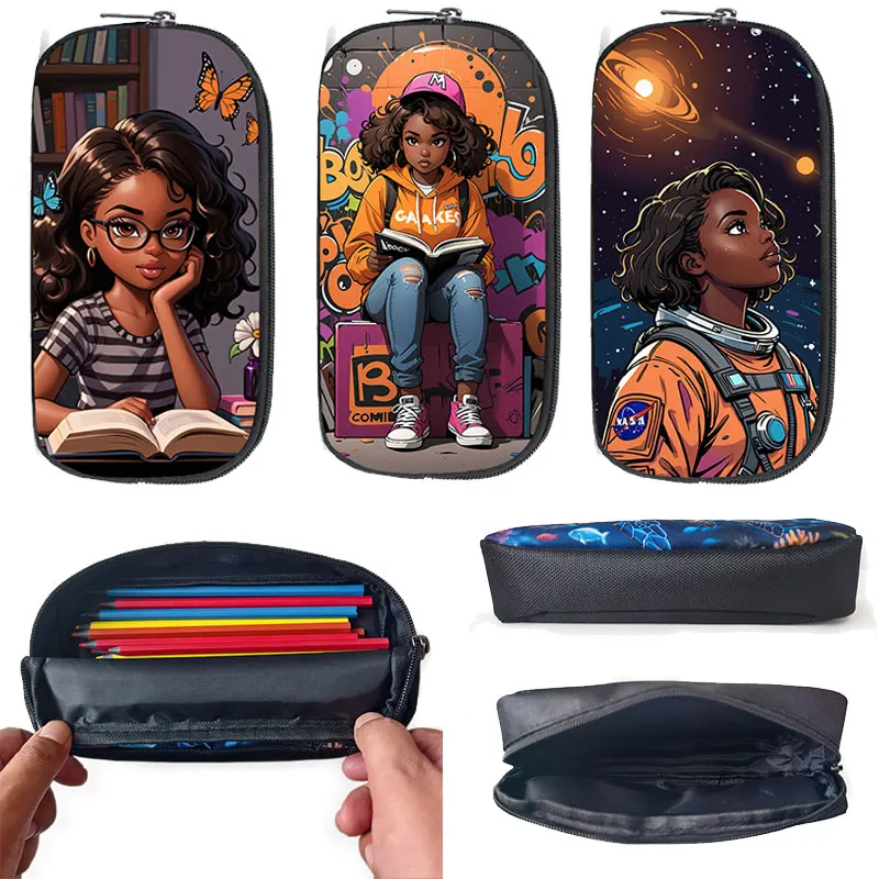 Estuche de cosméticos de violín y guitarra de lectura para niña negra, estuche de lápices para adolescentes, caja de bolsas de papelería para niños, suministros escolares de oficina
