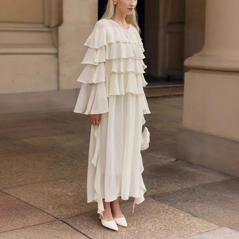 Tornova casual babados em camadas vestido longo feminino elegante solto rendas manga longa chiffon vestido de verão novo vestido feminino deslocamento