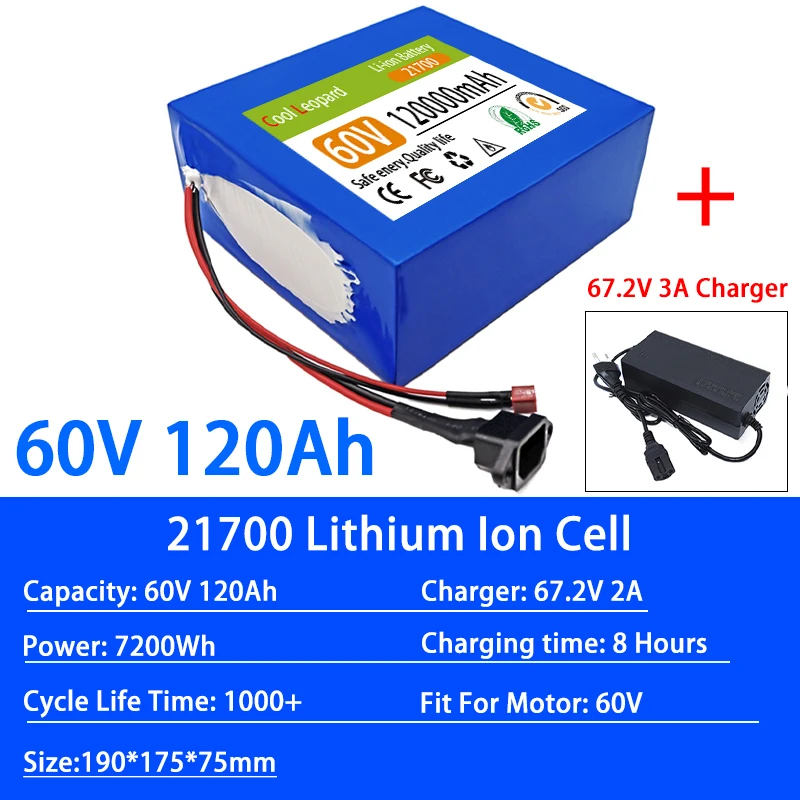 

60V 120Ah E-Bike 16S4P 21700 Lithium Battery Pack 1000W-3000W Electric Bike Motorcycle Scooter Battery +67.2V 3A Charger