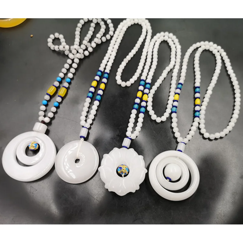 

white jade sweater chain with mother-and-son clasp necklace