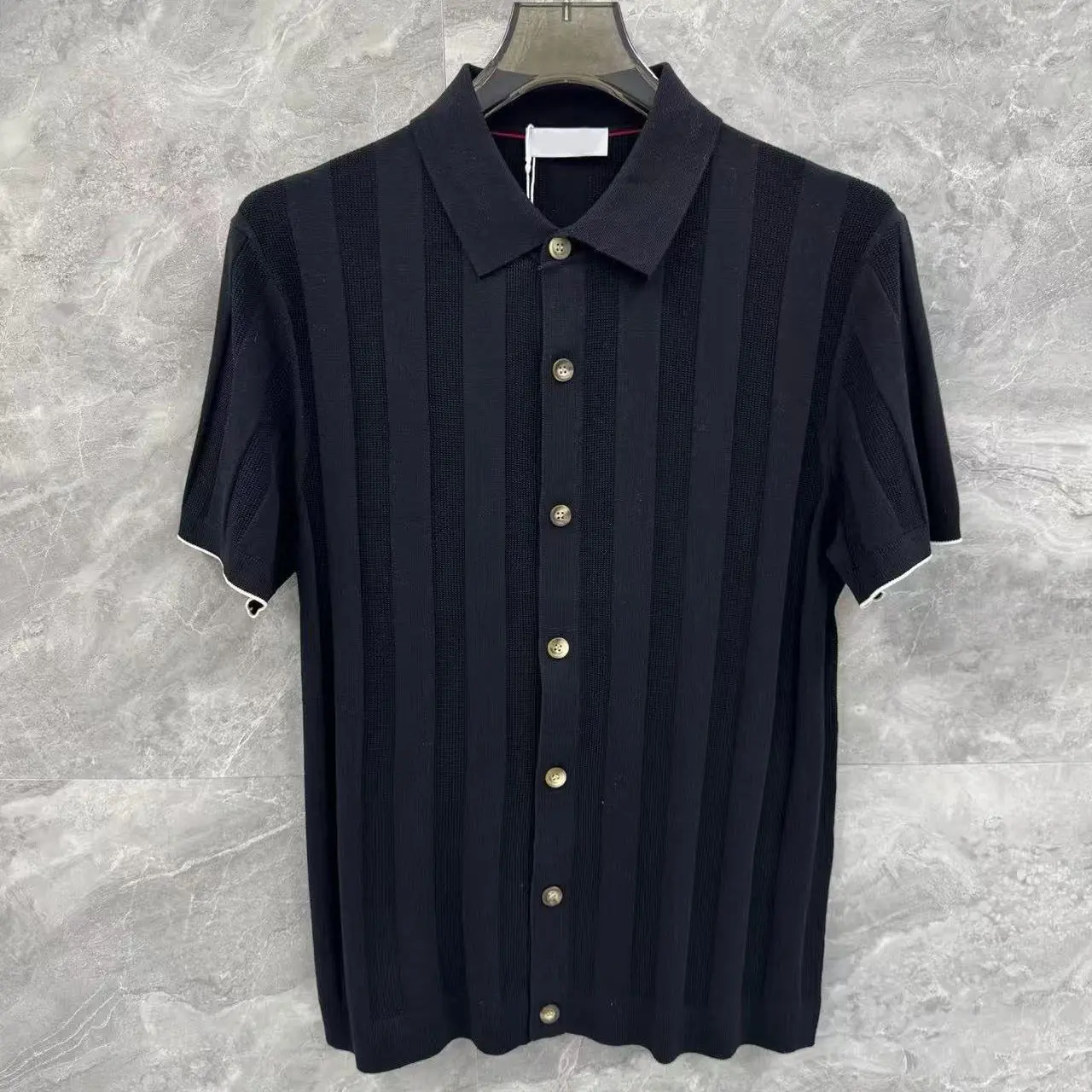 Italian gentleman vertical pit strip knitted cardigan short-sleeved men's breathable lapel polo shirt