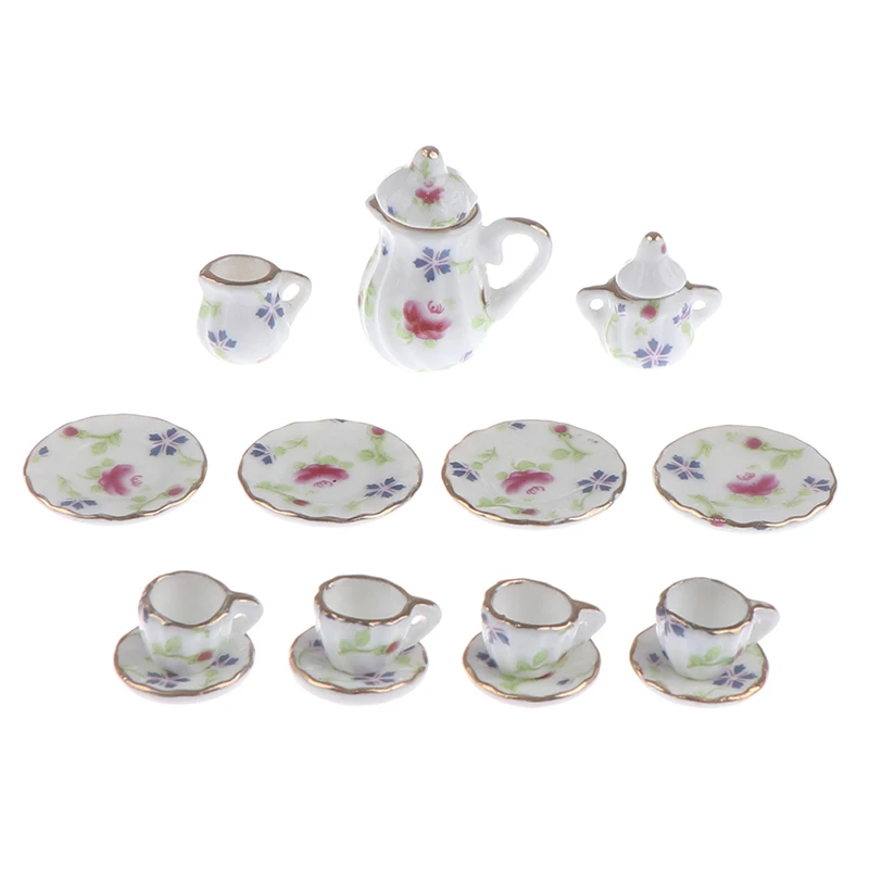 15 Pçs/set 1:12 Casa de Bonecas Miniatura Talheres Porcelana Cerâmica Conjunto de Xícaras de Chá Brinquedos