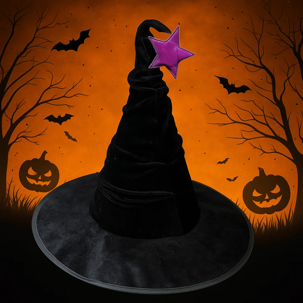 Easy To Storage Velvet Halloween Witch Hat Foldable Star Wizard Cap Cosplay Accessories Party Props Halloween Cap Masquerade