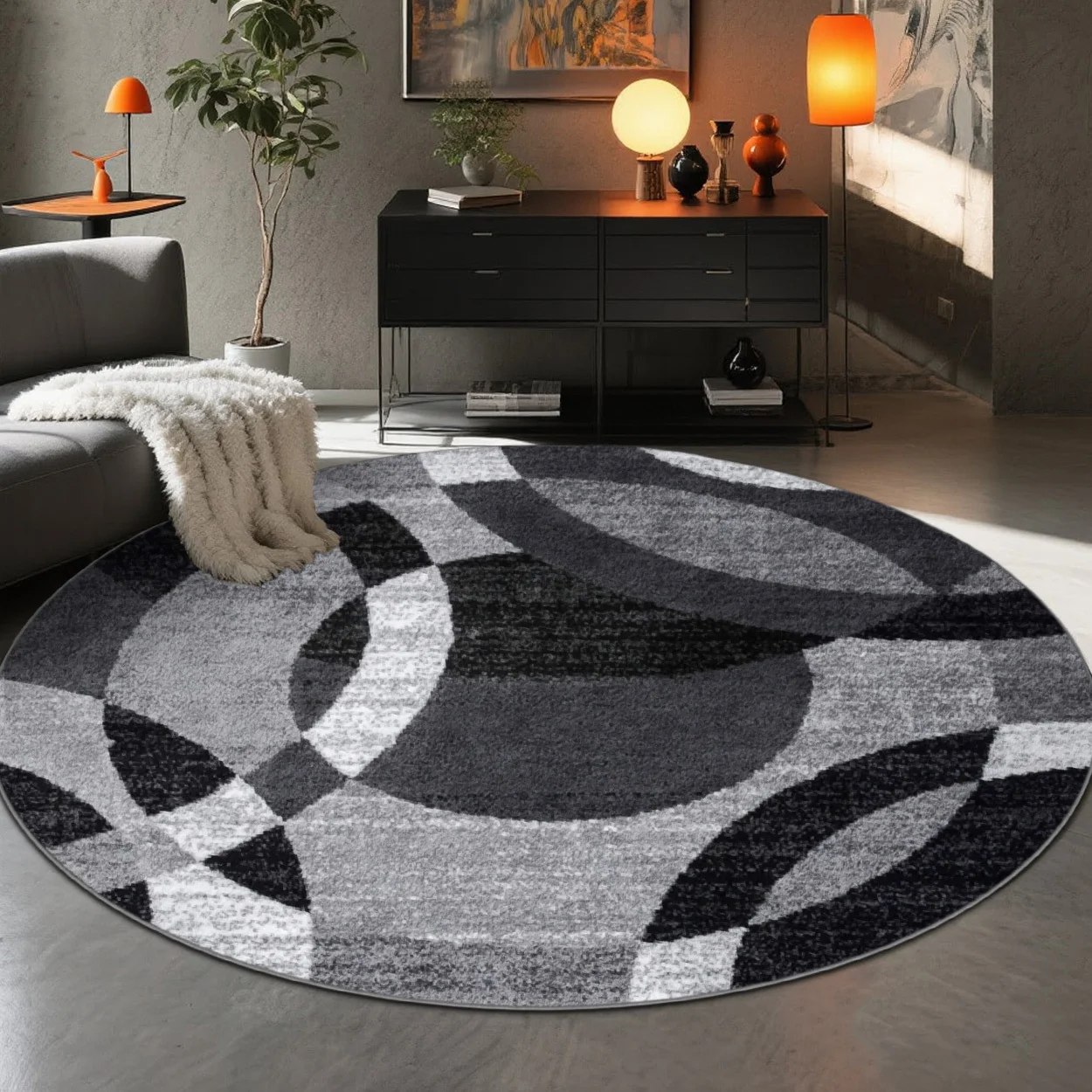 Modern Grey Carpet Abstract Geometric Area Rugs Festive Home Decor Interlocking Circles Round Floor Mat Office Patio