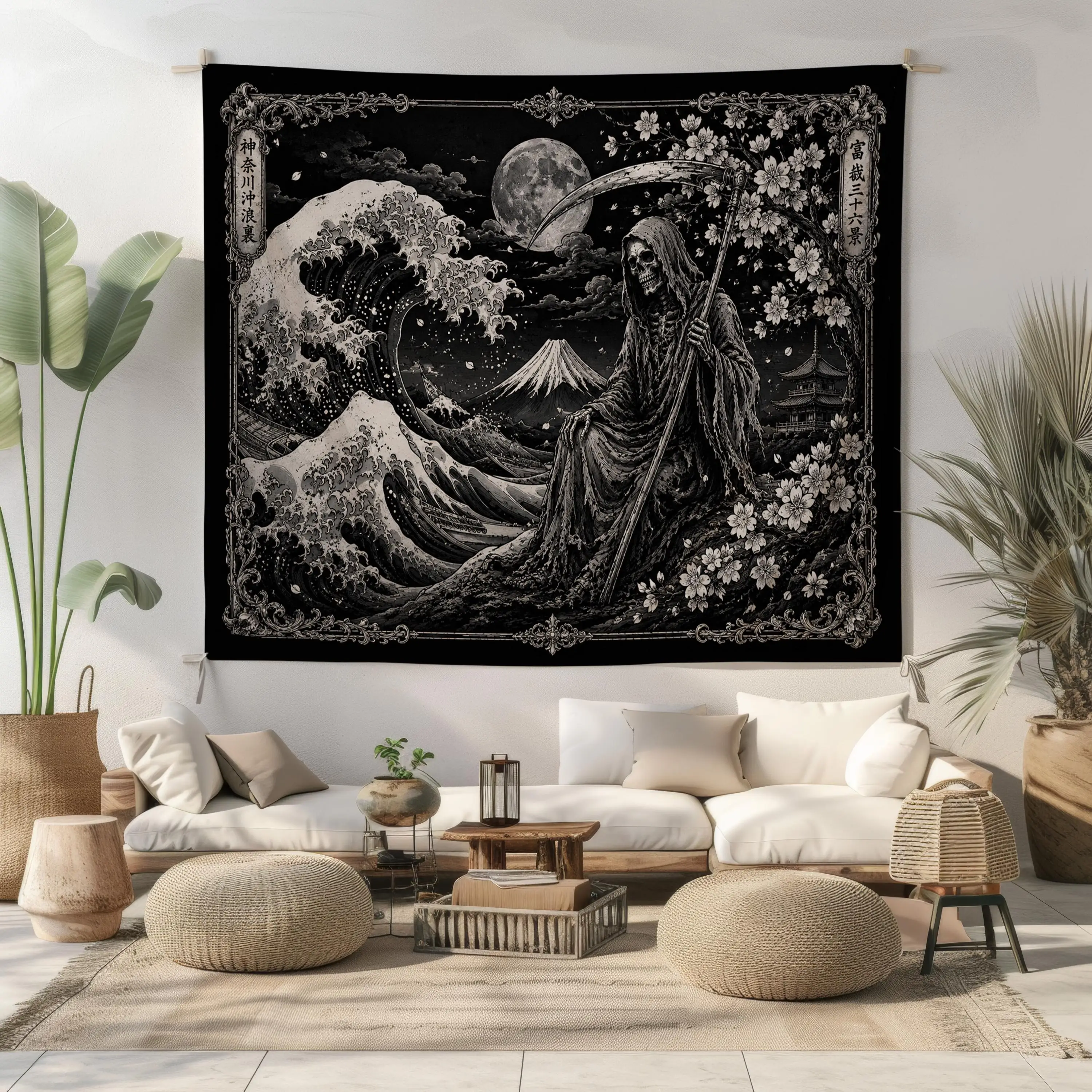 Japanese Ukiyo Style Wave Samurai Ghost Art Tapestry Wall Hanging Black and White Decor for Living Room Bedroom