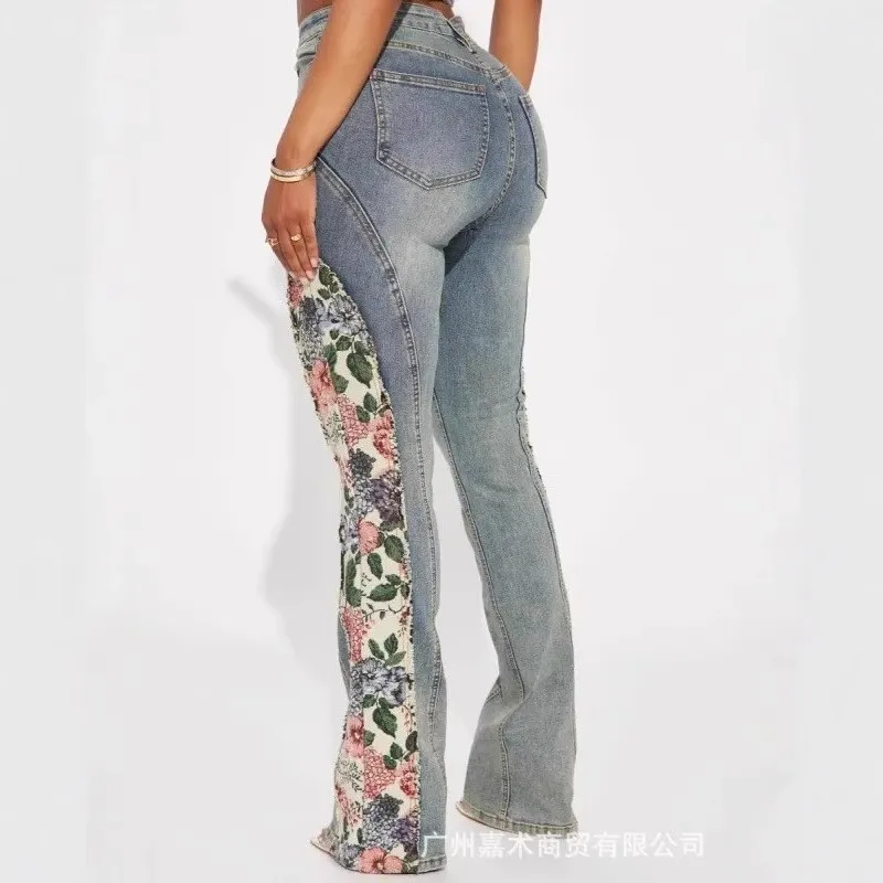 2026 Vintage Flared Pants Pant Street Wind Jean Jeans For Woman Casual Hot Girl Style Slim Floral Print Patchwork Trendy Fashion