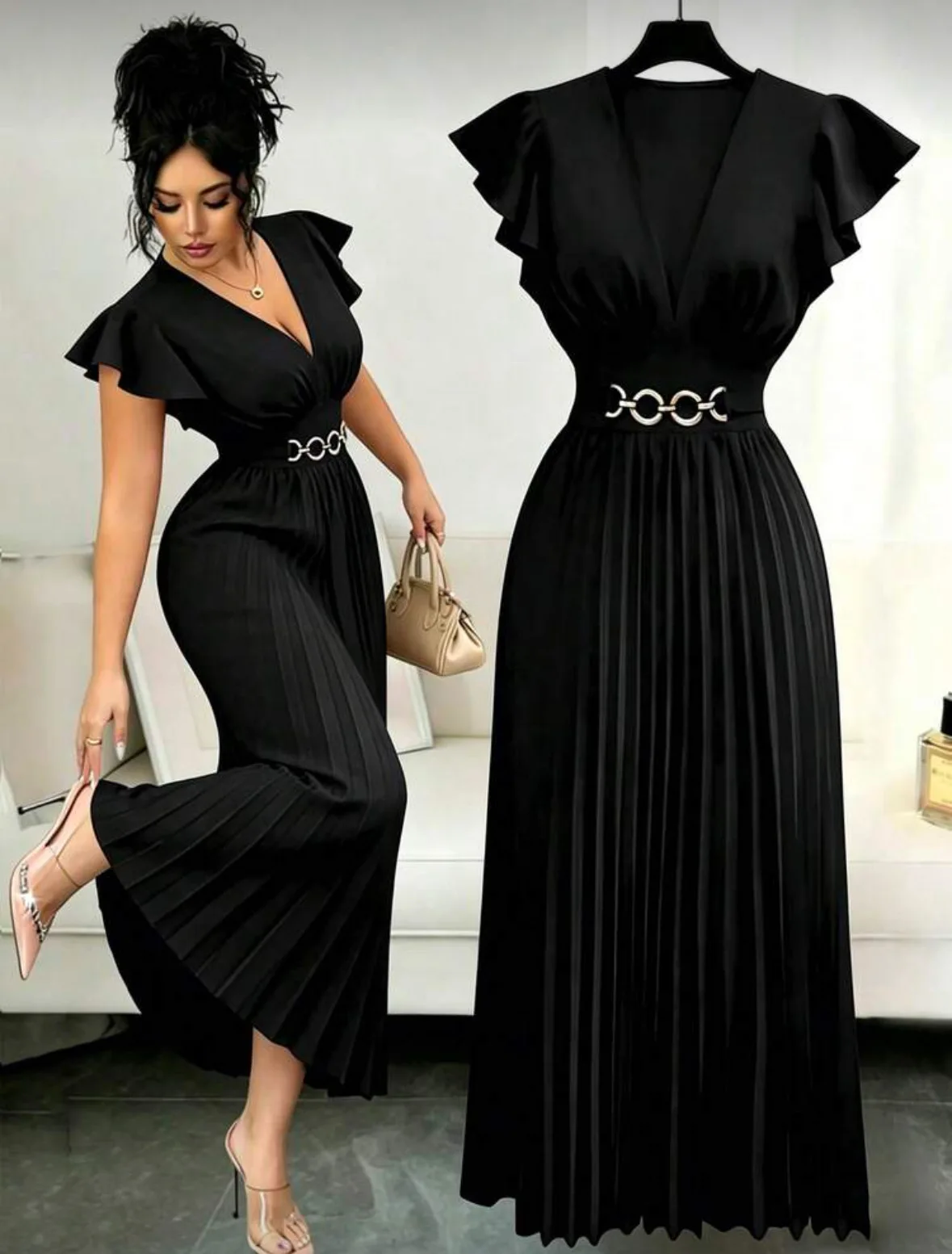 2026 Neues V-Ausschnitt Kleid mit Rüschenärmeln, Einfarbig mit Metalldekoration, Plissiertes Design, Elegantes Langes Kleid für Damen, Sommerkleid – Detail 6