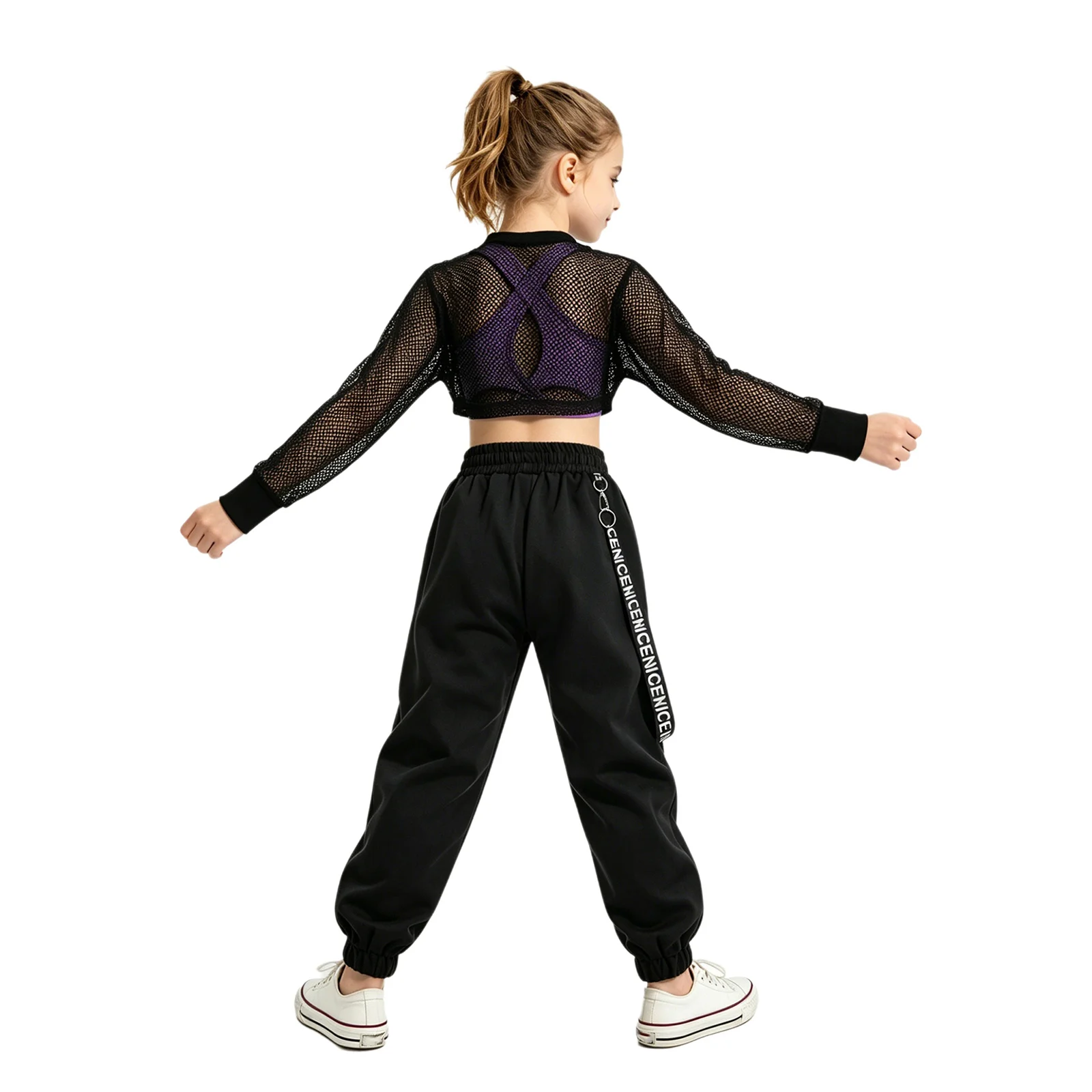 Kinder Mädchen Hip-Hop Jazz Tanz Performance Outfits: Rückenfreies Top mit Cargo-Hose und Mesh Langarm Crop Top Tanzkleidung – Detail 23