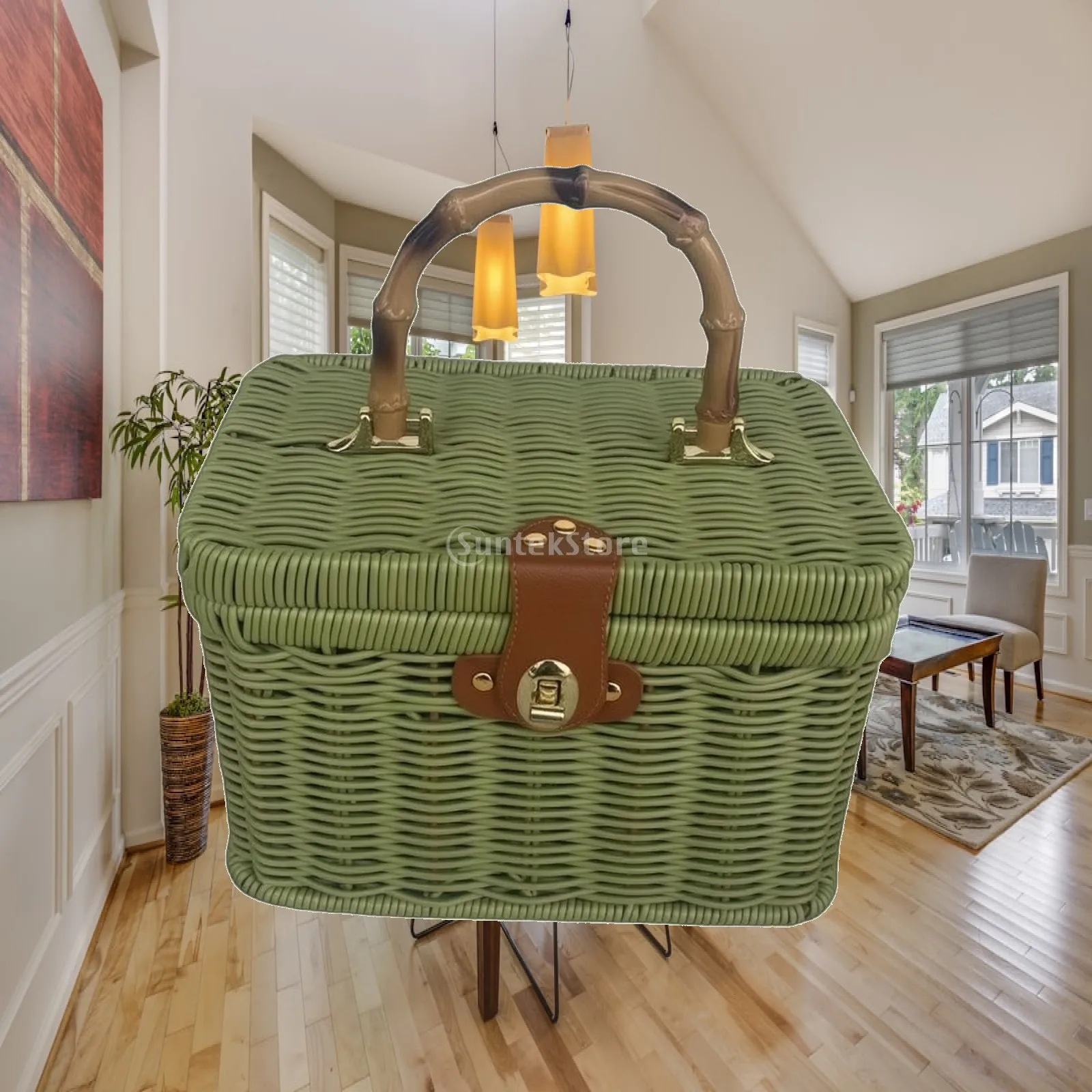 Plastic Woven Basket with Iron Frame Rectangular Lid Handle Compact Storage Container for Gifts Shopping Home Decor