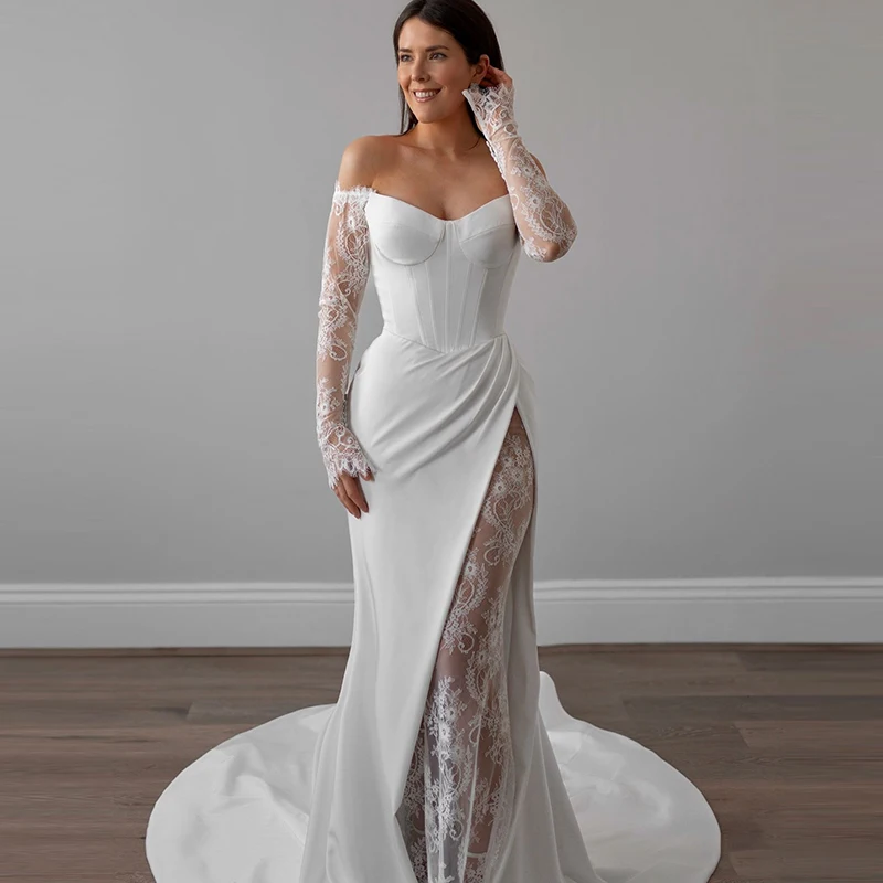 

Glamorous Mermaid Wedding Dress Satin With Embroidery Ball Gown Full Sleeve Boat Neck Slit A Line Customized Robe MariéE Satin