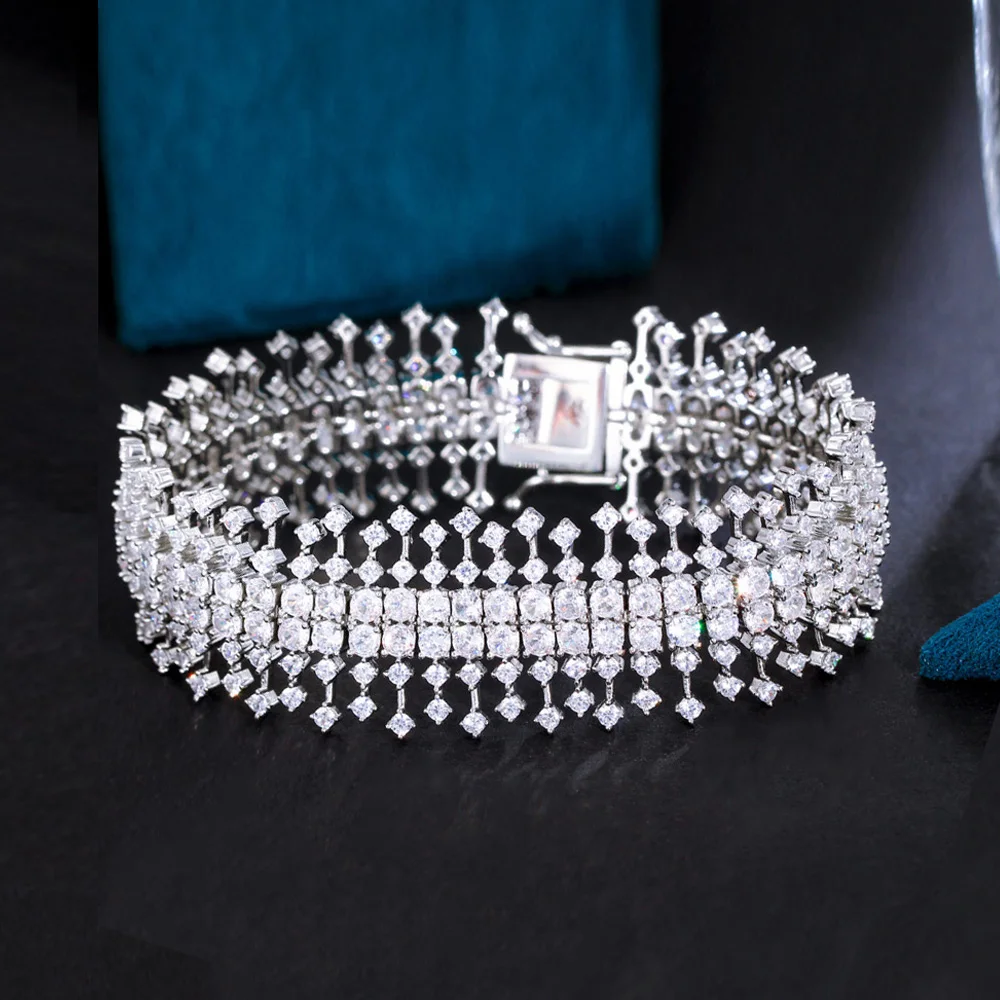 ThreeGraces Sparkly Cubic Zirconia Silver Color Luxury Big Wide Bridal CZ Bracelet for Women Fashion Party Dress Jewelry BR267