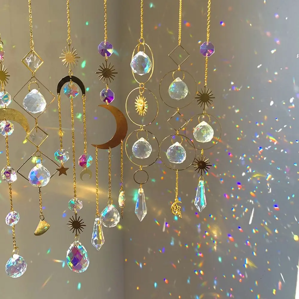 Rainbow Maker Sun Catcher Home Garden Decor Sun Moon Star Crystal Pendant Gold Series Light Catching Crystal Wind Chimes Gift