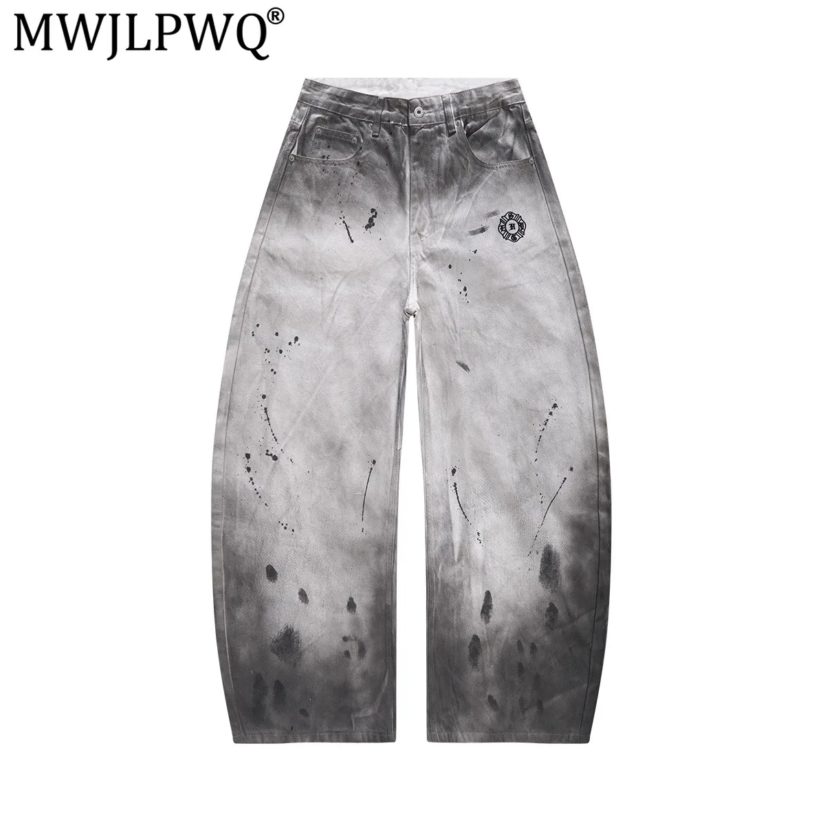 MWJLPWQ High-Street Gradient Splatter-Print Curved-Leg Jeans Men's American Gray-Dyed Distressed Loose Wide-Leg Trousers 21459