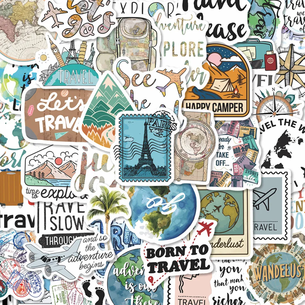 50Pcs World Travel Cartoon Doodle Stickers Waterproof DIY Decals for Phone Cup Luggage Giajar Sticker Store