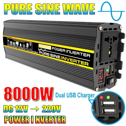 Inversor de corriente de onda sinusoidal pura para coche, convertidor de enchufe DC12/24/48V a AC 110/220V para coche, hogar, exterior, 8000W