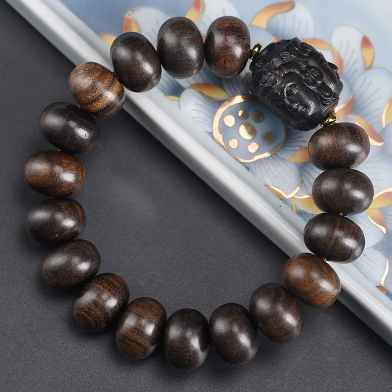 Bodhisattva Chess Agarwood Abacus Three-Faced Buddha Bracelet Buddhist for Men and Women, Decorative Prayer Beads, H