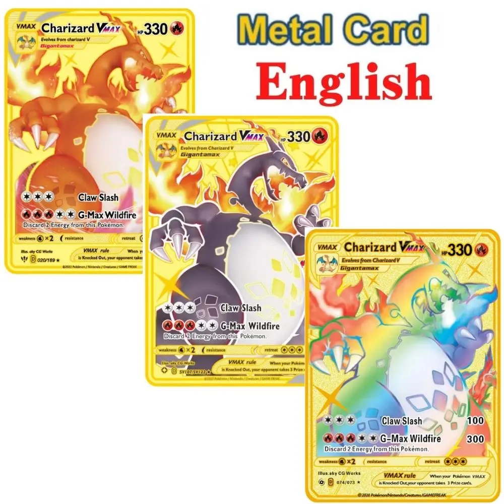 35 style English Sale well pokemon metal card vmax gx ex original pikachu charizard gold game collection cards