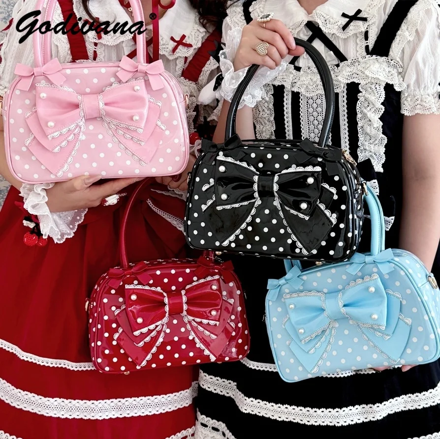 Original Polka Dot Lolita Bowknot Cute Handbag Girl Women's Sweet Polka Dot Small Leather Bag Leather Totes