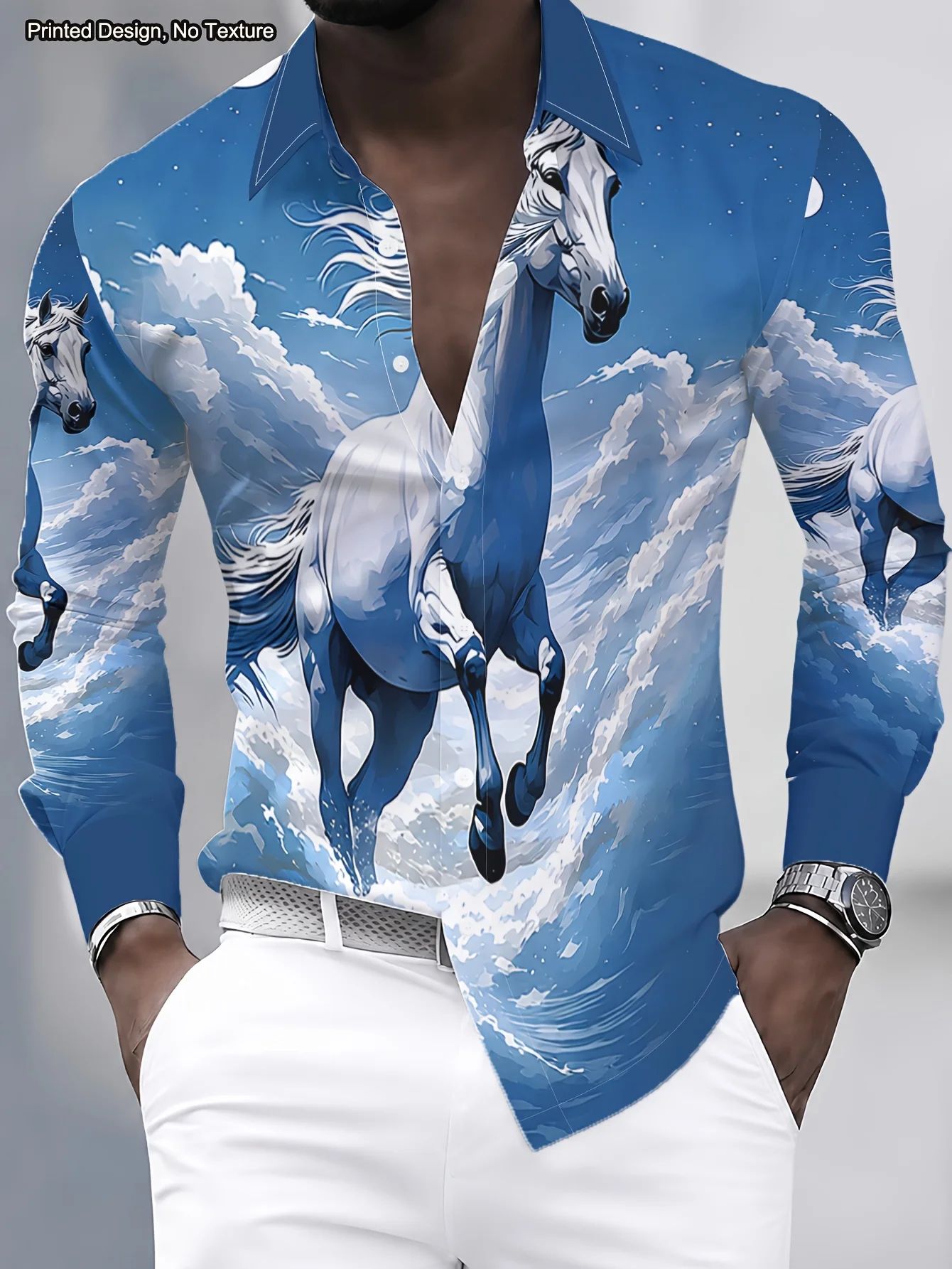Men's Casual Long Sleeve Shirt Dreamy White Horse Galloping Under The Night Sky Trendy New Wear Daily Vacation Men Clothes