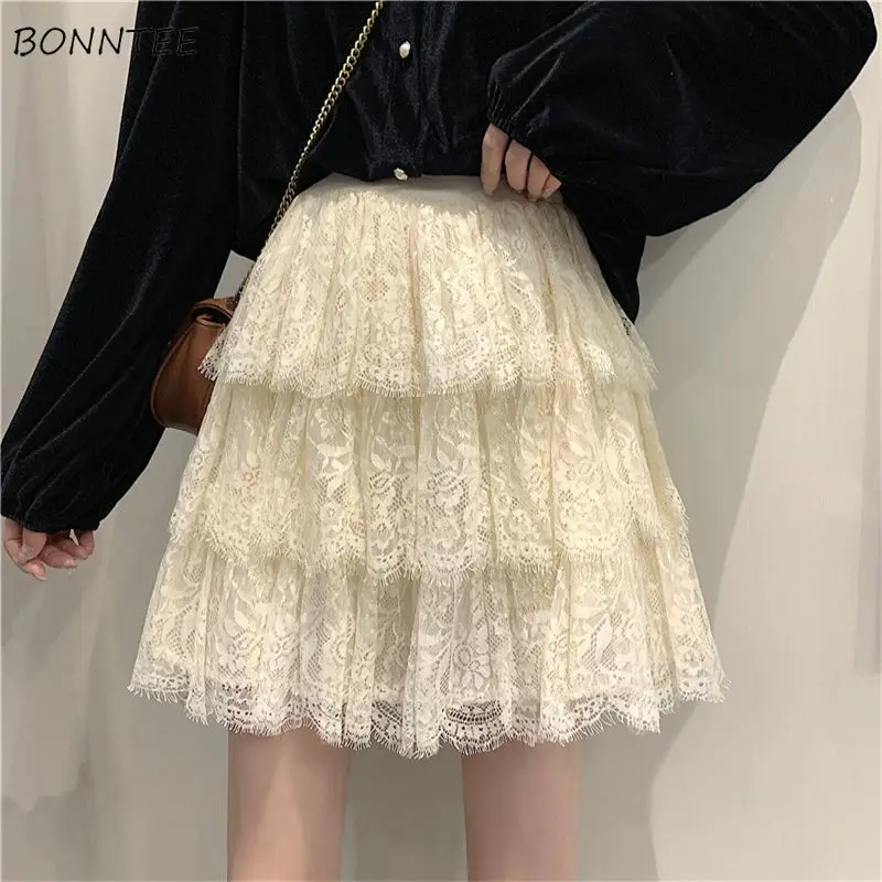 Lace Skirts Women Sweet Girls Clothing Summer Mini Mesh Korean Style Lovely Solid Simple Ball Gown Comfortable Chic Breathable