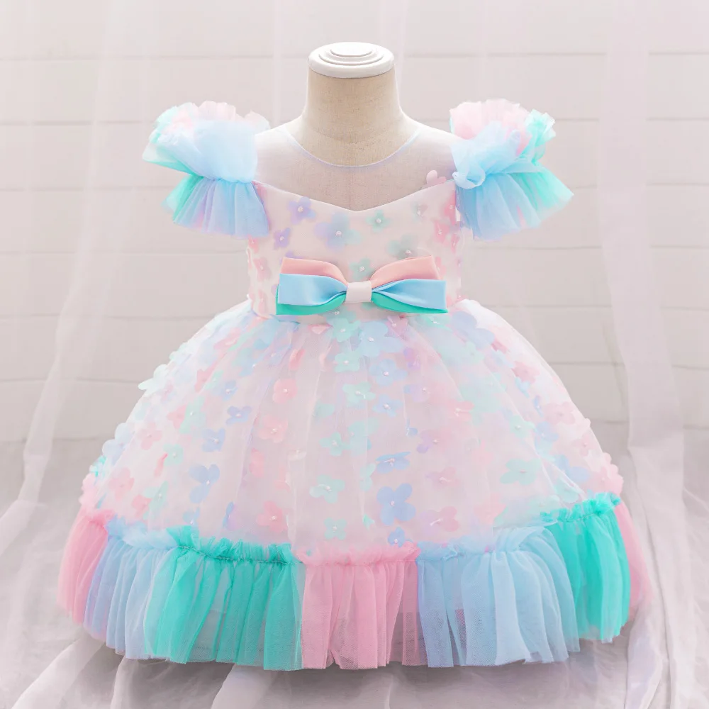 

Baby Flower Girls Dress Colorful Tulle Bow Toddler Summer Clothes Infant Baby 1st Birthday Party Dresses For Girl Wedding Gown