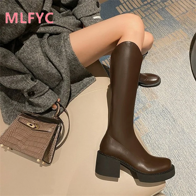 

High heeled long boots, women's knee length, autumn and winter new thick soled thick heeled V-necked knight boots