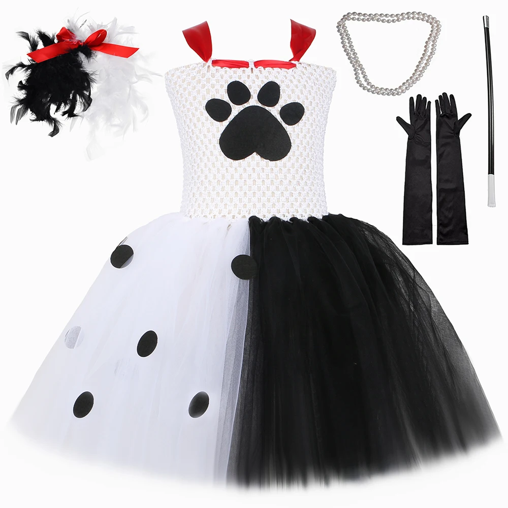 

Girls Dalmatian Cruella Deville Costume Polka Dots Black White Witch Tutu Dress Baby Halloween Carnival Party Dress Up