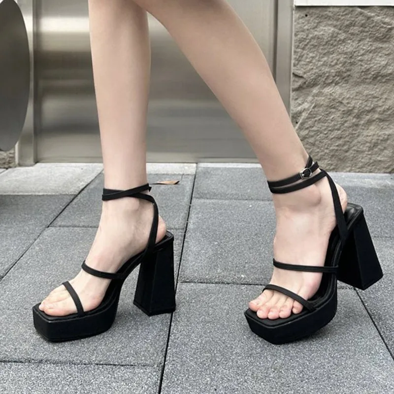 Summer High Heel Open Toe Sandals Women Waterproof Platform Frmale Shoes Cross Strap Roman Square Head Thick Bottom Sandales