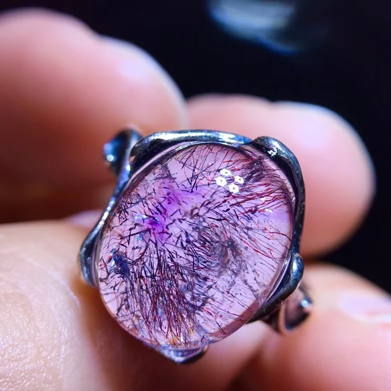 Natural Purple Super Seven 7 Red Lepidocrocite Quartz Adjustable Ring12.8/10.3mm Red Rutilated Women Men Jewelry AAAAAA