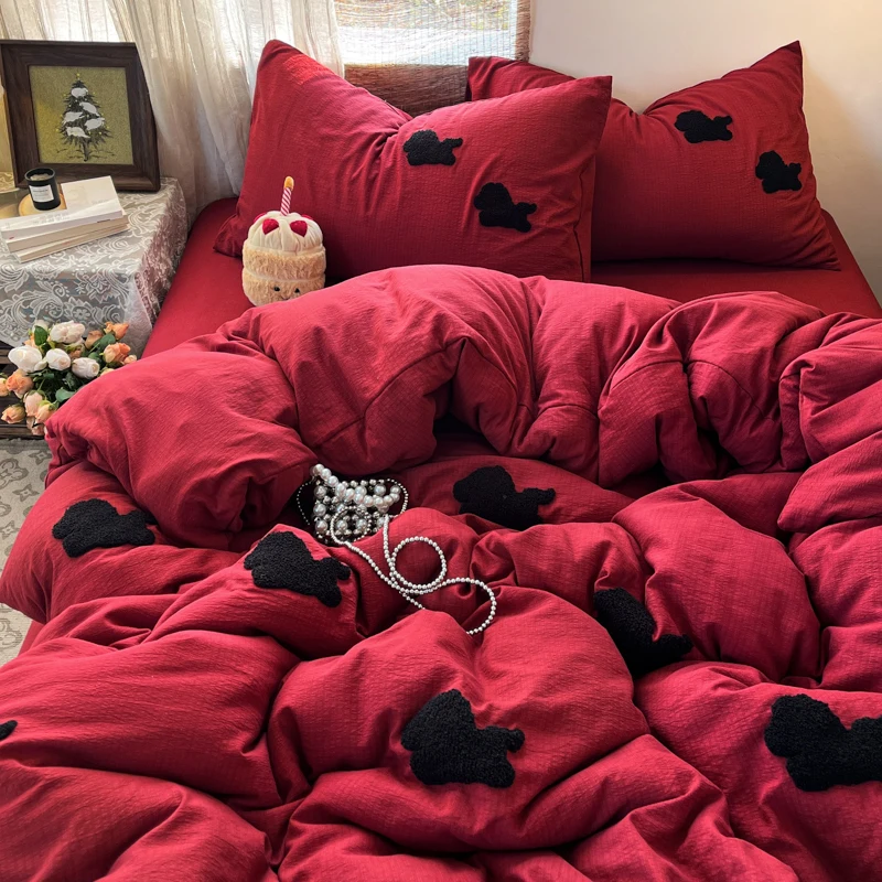 Towels Embroidered Bedding Set Single/Full/Queen Comfortable Bed Sheet Sets for Adults Solid Color Bed Linen Set Soft Bedding
