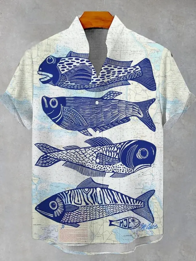 2025 elegant fish print men's new linen comfortable breathable fabric short sleeved shirt for fishing enthusiasts to wear - Image 6