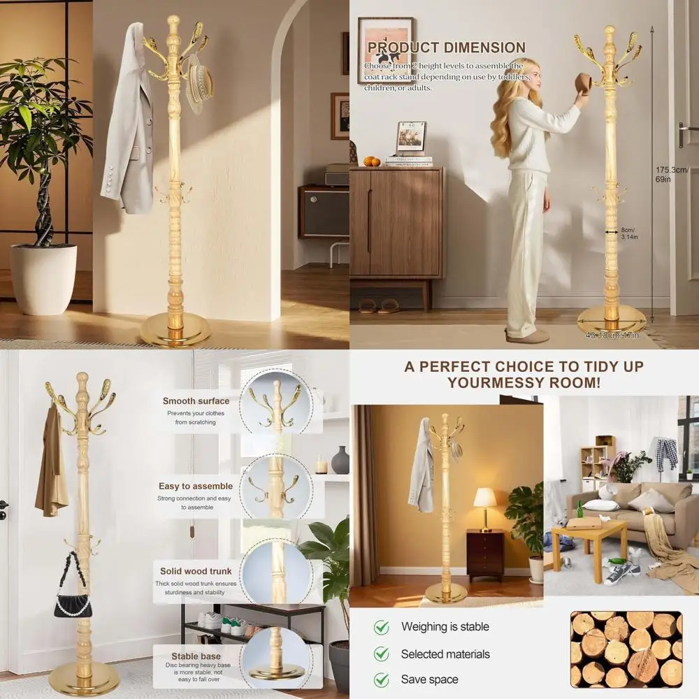 حامل معطف من الخشب الصلب على الطراز العتيق مع 14 خطافًا، قاعدة معدنية شديدة التحمل قائمة بذاتها، ارتفاع قابل للتعديل لمعاطف التعليق #1