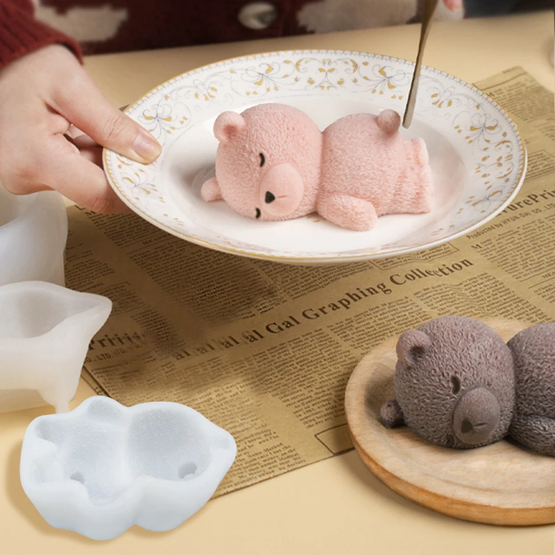 4 Inch Cute 3D Sleeping Bear Mousse Cake Mold Ice Cream Silicone Molds Cupcake Topper Cake Decorate Mould DIY Baking Accessories