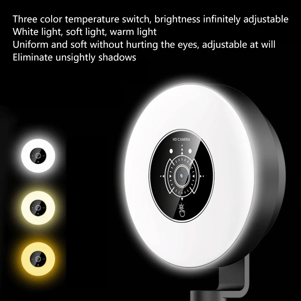1080P HD Webcam with Fill Light & Phone Holder 3 Adjustable Light Modes Retractable Pole Autofocus Webcam Built In Microphone