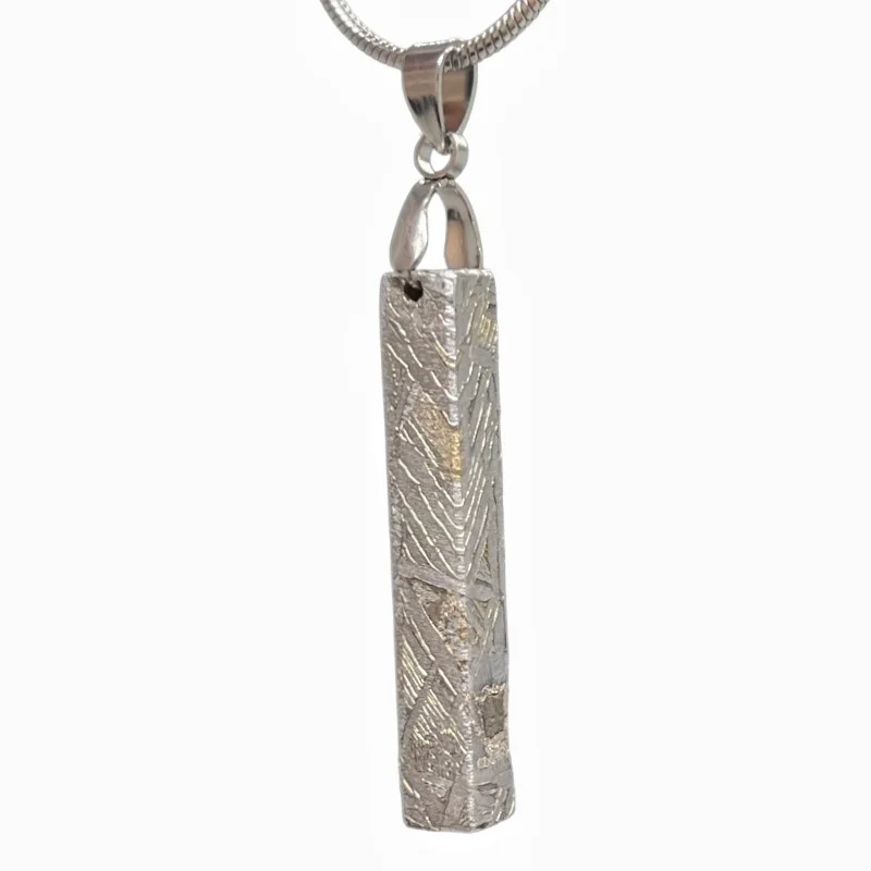 Natural Muonionalusta Iron Meteorite Pendant Precision Cut Long Column Meteorite Necklace Cosmic Stone Collectible Jewelry Gift