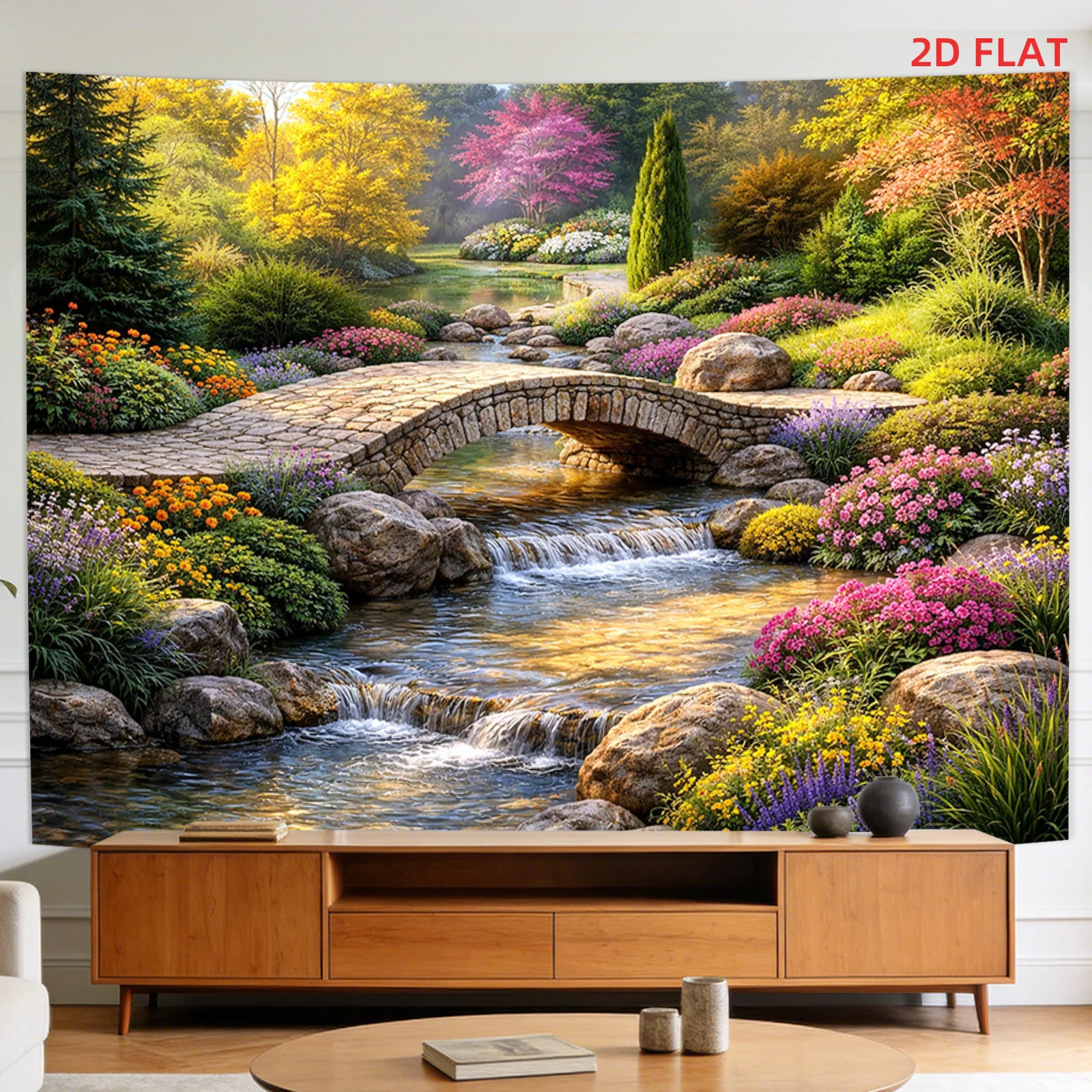 Realistic Garden Tapestry Wall Hanging Polyester Fabric Home Decor Print Nature Landscape Spring Bridge Floral Mural for Living