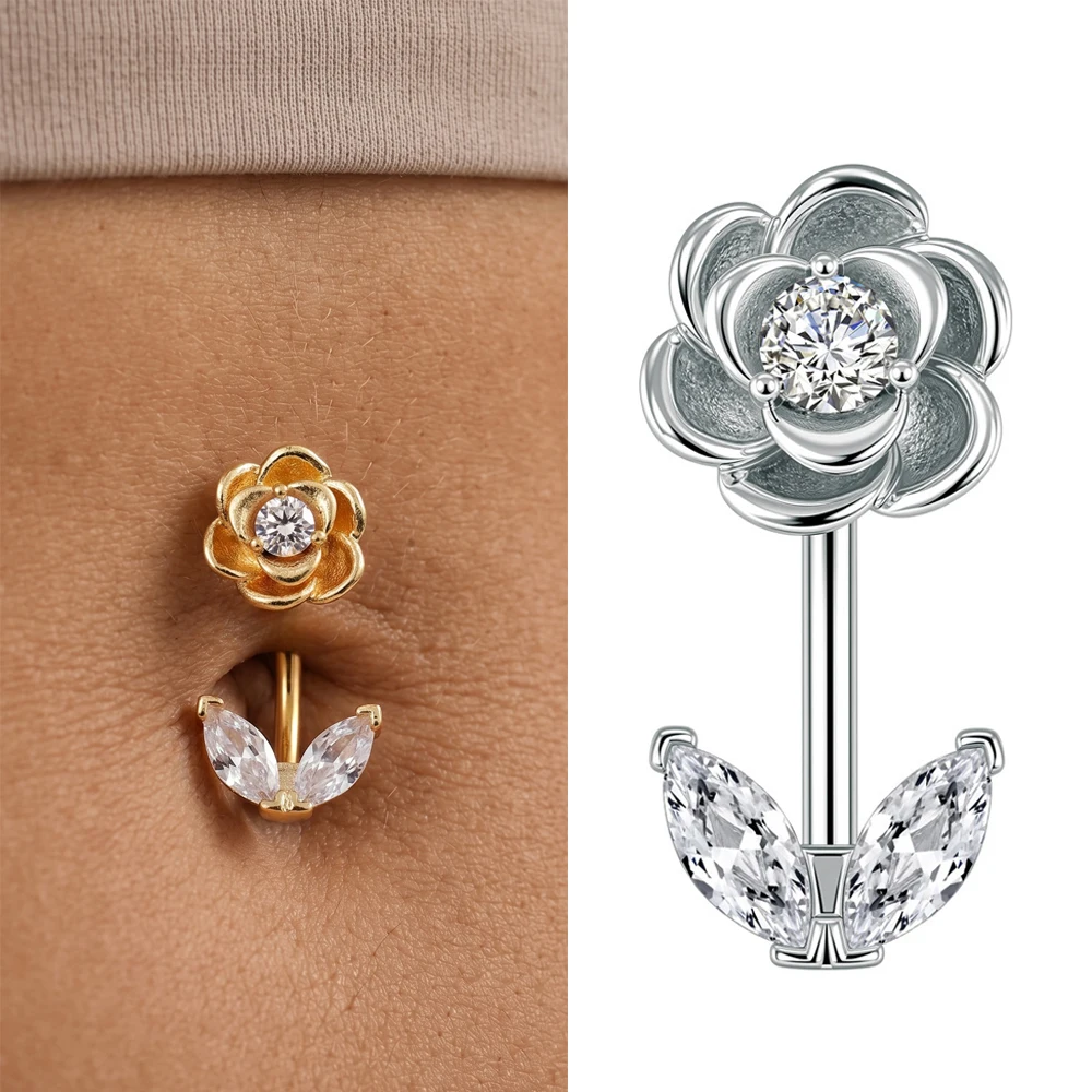 1pc Flower Barbell Belly Piercings Ombligo 14G Stainless Steel Zircon Navel Belly Button Rings Gold Color Body Jewelry for Women