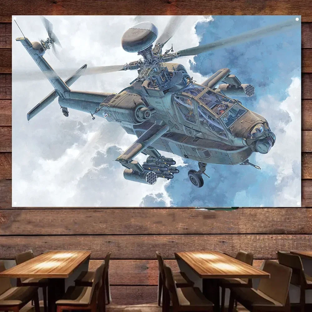 AH-64D Apache Attack Helicopter Poster Wall Hanging Flag Air Force Banner Canvas Painting Tapestry For Room & Office Wall Decor