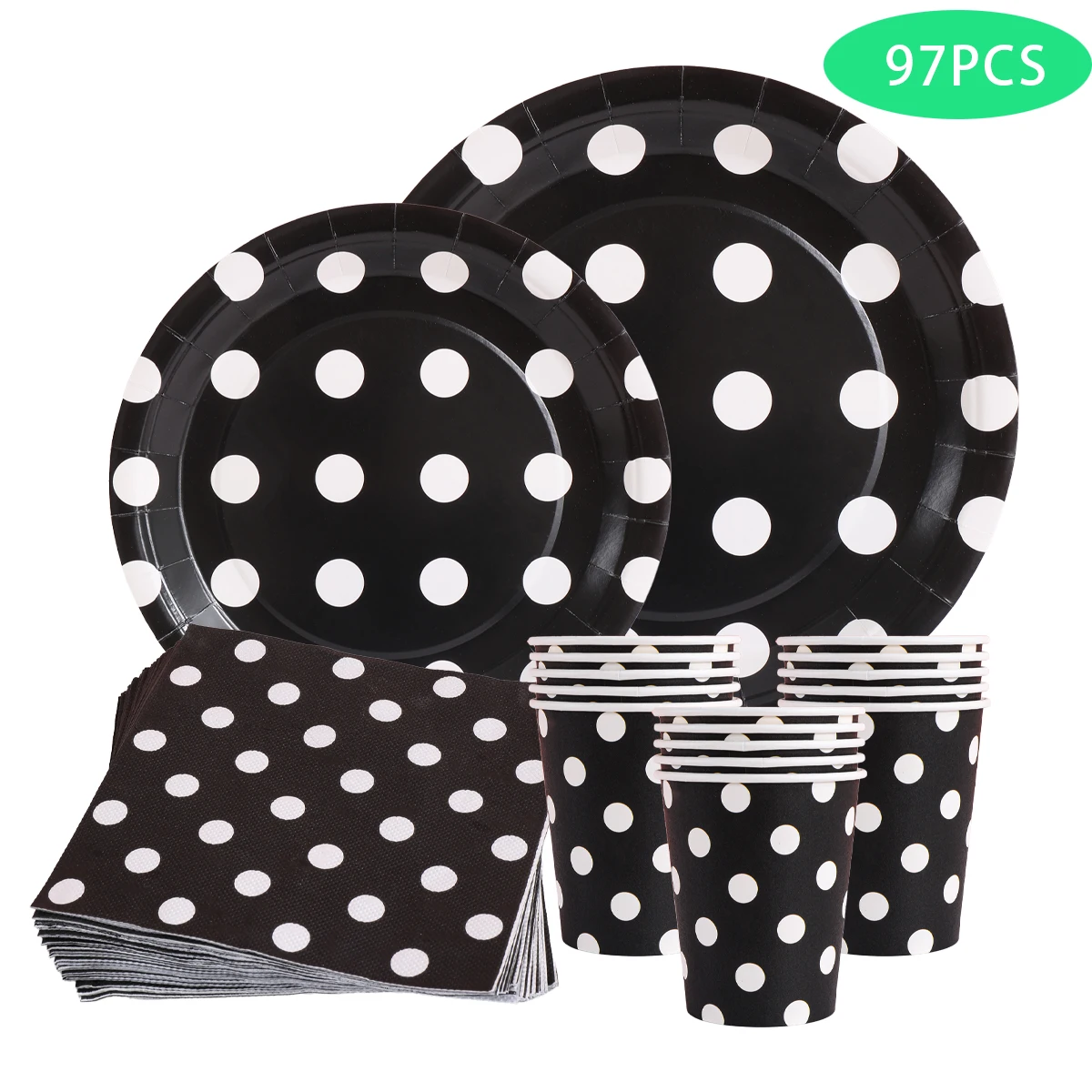 Ensemble de vaisselle classique noir et blanc à pois pour anniversaire, design simple à pois, assiettes en papier jetables épaissies, gobelets en papier et serviettes, ensemble complet, fournitures de décoration de table polyvalentes pour les fêtes d'anniversaire des adultes et des enfants