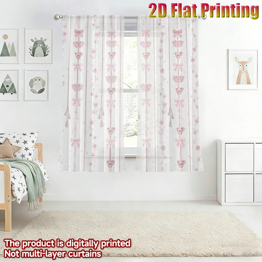 2PCS Digital Printed Sheer Curtain, Sweet Dream Tea Time, Cozy Warm Beverage Cottage for Living Room Bedroom Home Decor